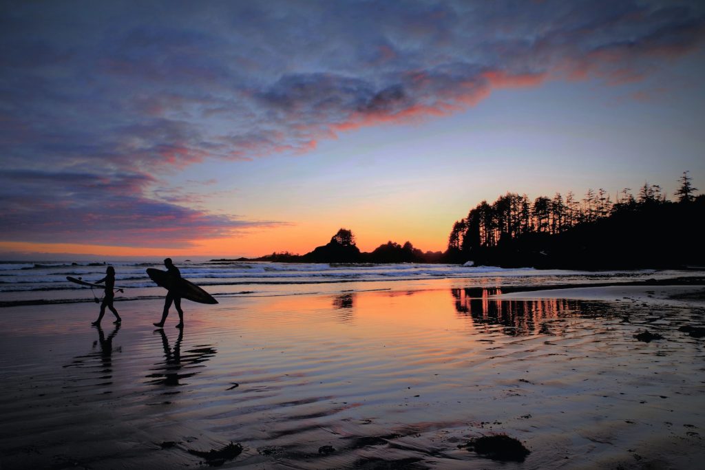 Image of two people silhouetted on a beach at sunset in Tofino